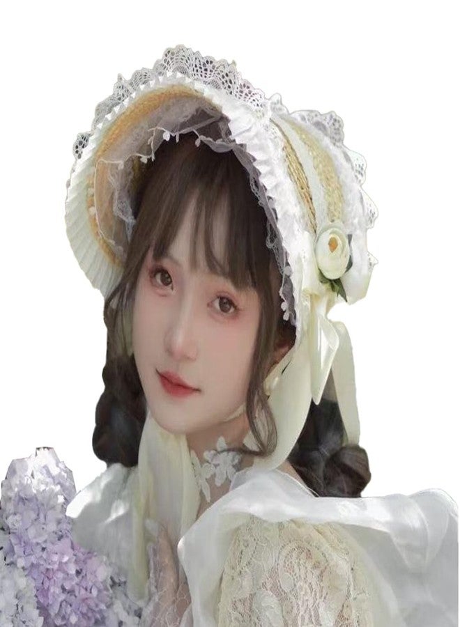 CMRCOYO Victorian Womens Tea Party Sun Hat Lolita Bows Florals Flat Straw Hats Womens Wide Brim Sun Hat with Wind Lanyard - Image 1